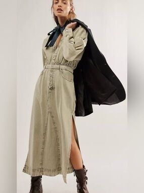 NWT Free People S Mad Love Denim Midi Dress in Sage Green New $198 Pocket Cotton